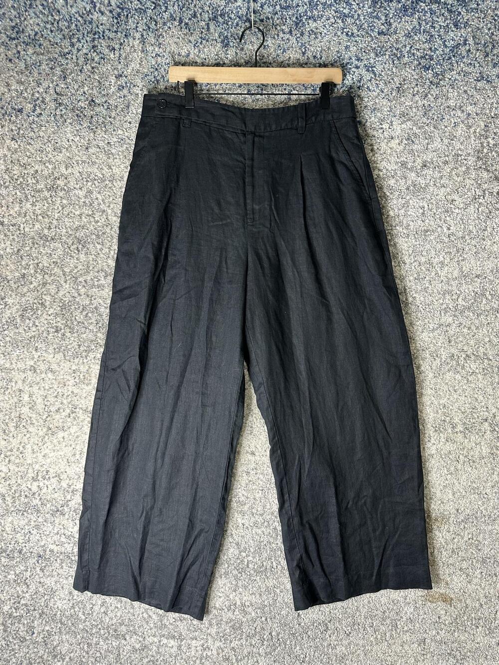 Madewell Pants Womens 14 Black 100% Linen Wide Leg Cropped Pleated Dress Work